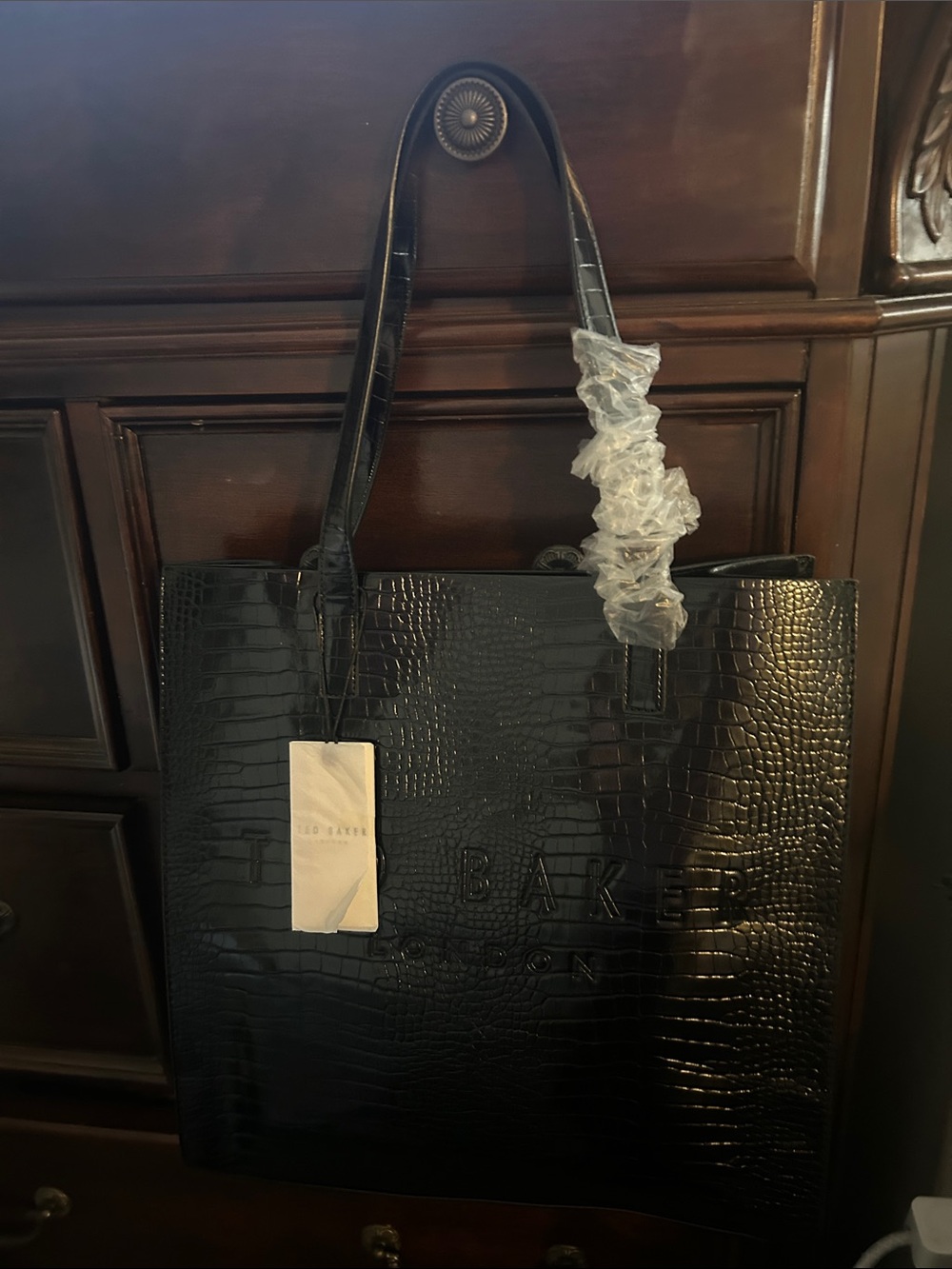 Ted Baker Black Croc-Embossed Tote with Logo Detail